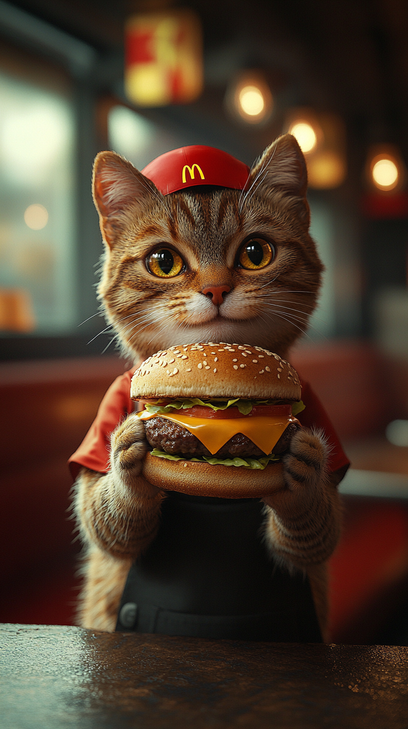 Un gato antropomórfico naranja en uniforme de McDonald's disfrutando de una hamburguesa dentro del restaurante.