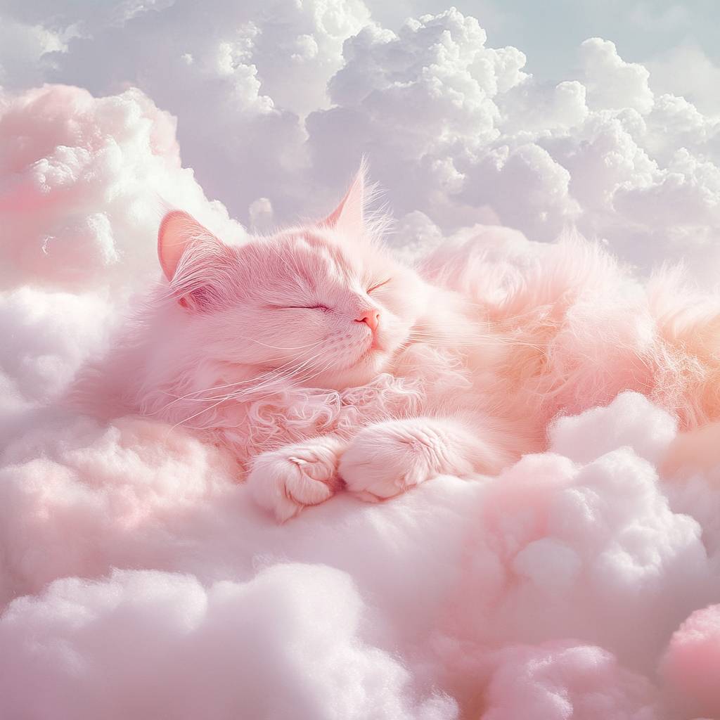 パステルピンクの猫がふわふわの雲の上でリラックスし、コットンキャンディの空に囲まれた夢のような光景。