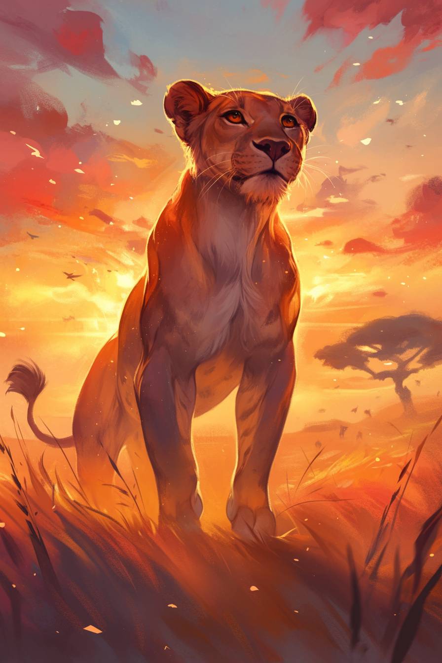 Una feroz leona se erige en la sabana africana con un atardecer dorado y amplias llanuras detrás.
