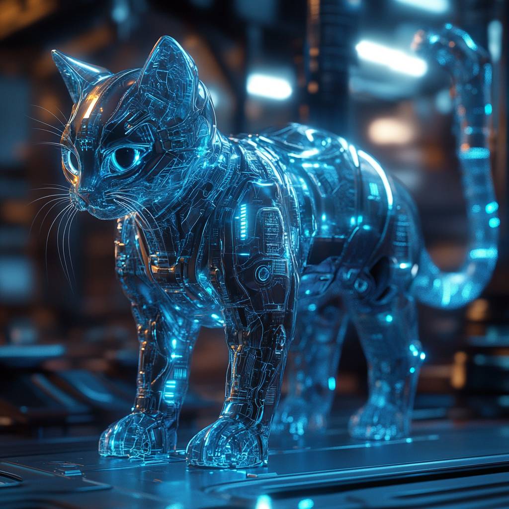 A cybernetic cat with metallic paws and glowing circuits exploring a high-tech lab.