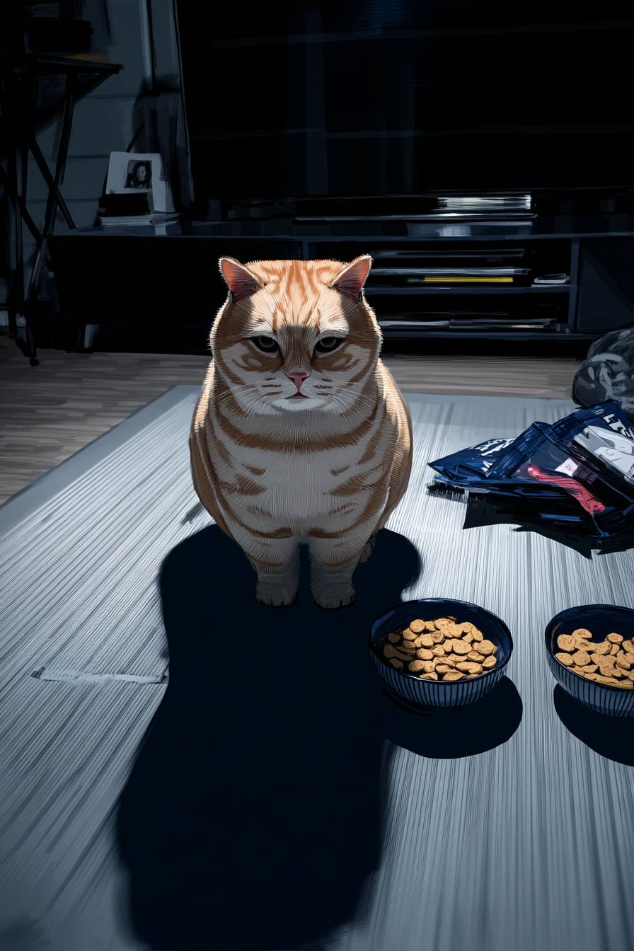 A plump orange tabby cat eating snacks