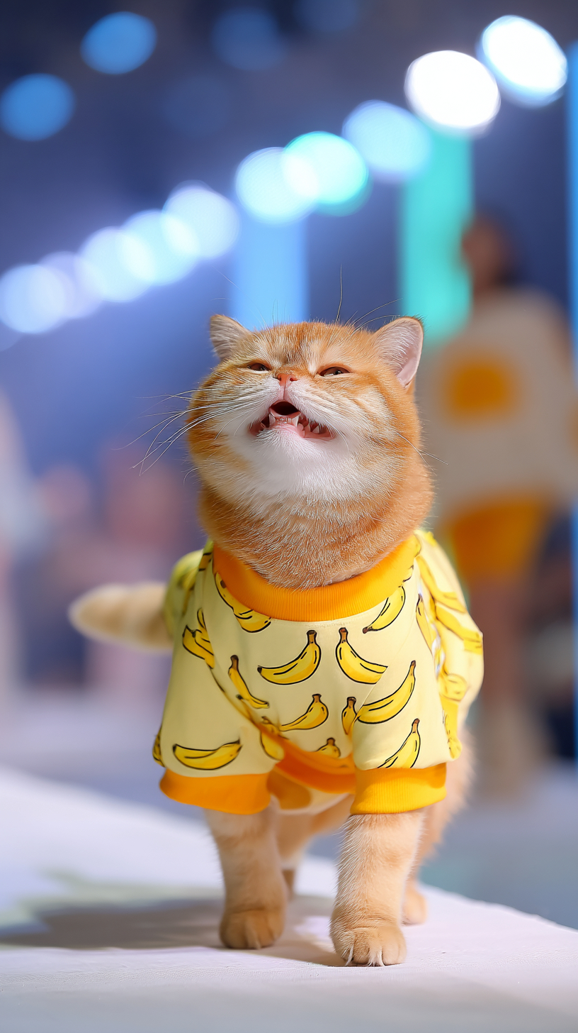 Eine dicke orange Katze mit einem glücklichen Ausdruck, die ein gelbes T-Shirt mit Bananen trägt, tanzt auf einer Modenschau und schafft eine fröhliche Atmosphäre.