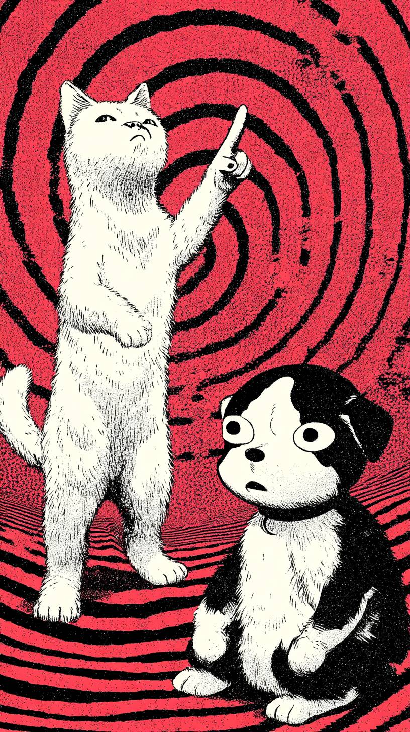 Un estilo de manga áspero muestra a un gato reprimiendo a un perro sentado, con un fondo de fotos de estrellas de Hollywood de los años 60.