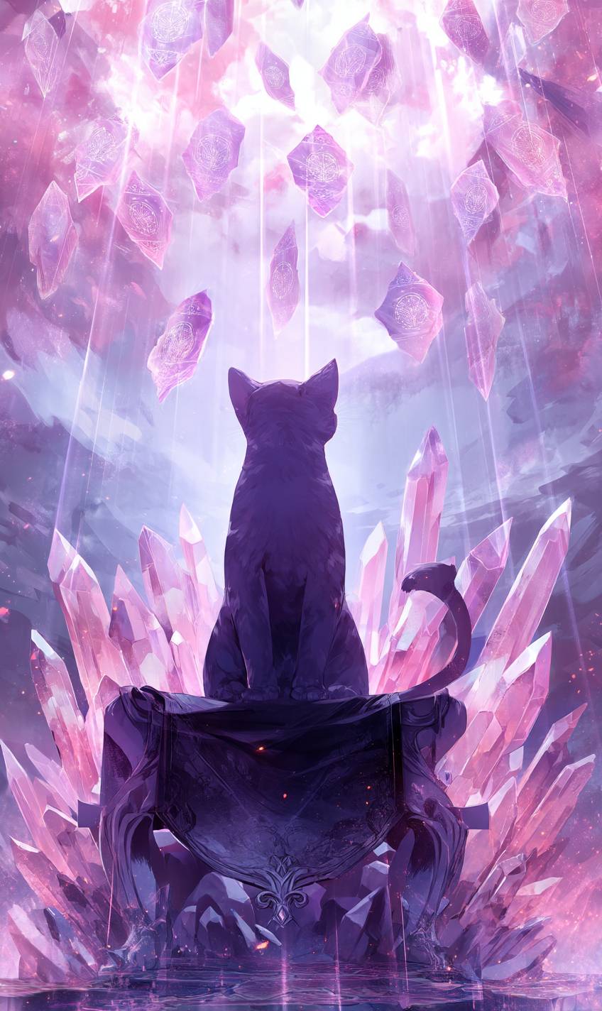 一只紫色的猫坐在水晶王座上，身穿飘逸的斗篷，旁边漂浮着发光的符文，显得飘渺而高贵。