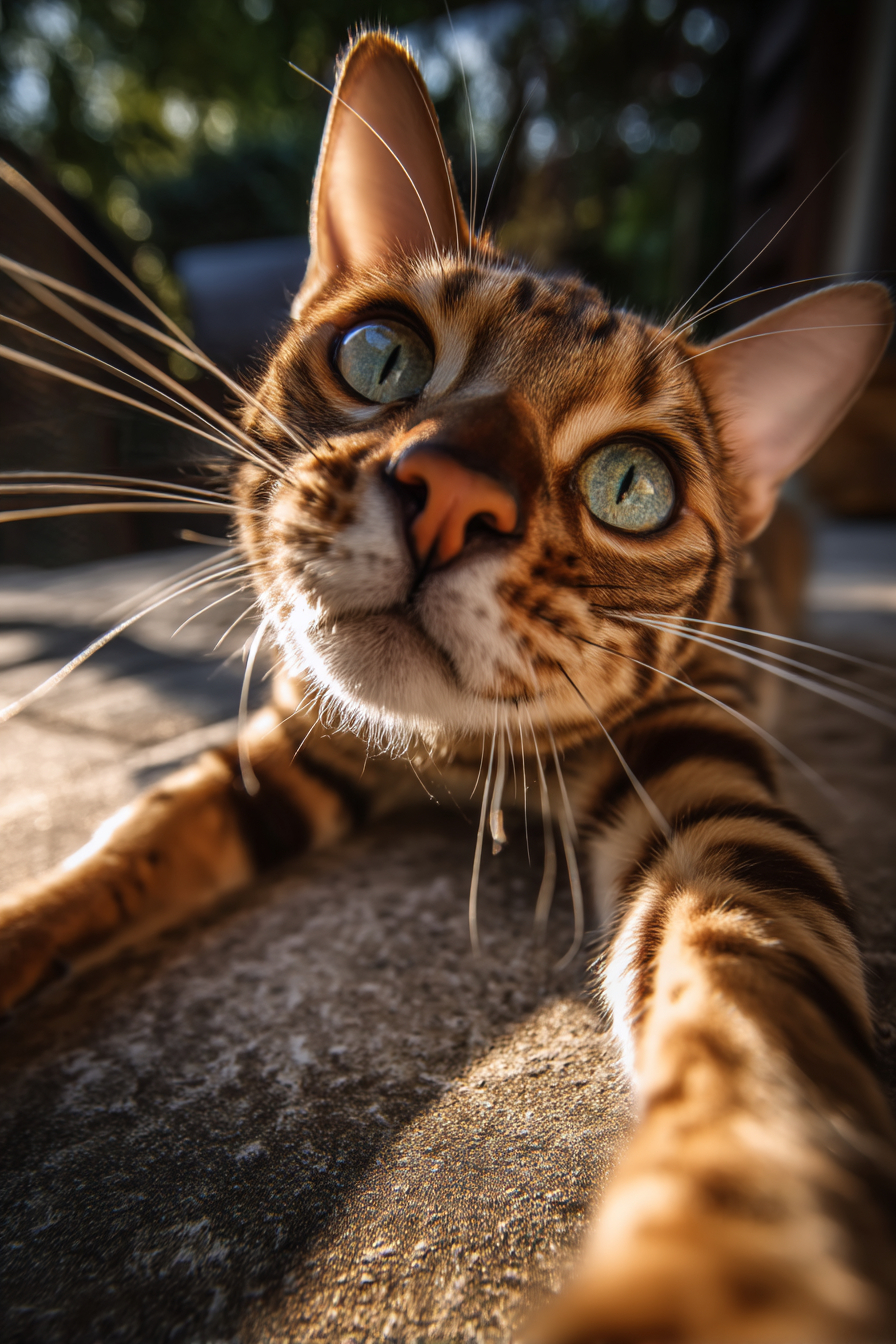 Un curioso gato Toyger tomando un selfie, con rayas de tigre y una mirada intensa.