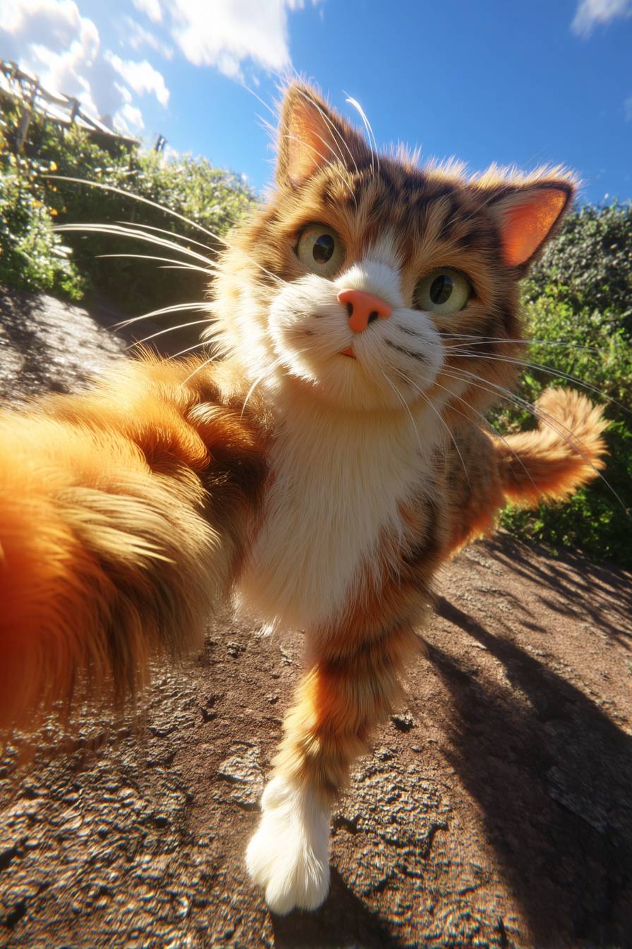 Un chat Manx curieux prenant un selfie dans un cadre ensoleillé avec un pelage vibrant.