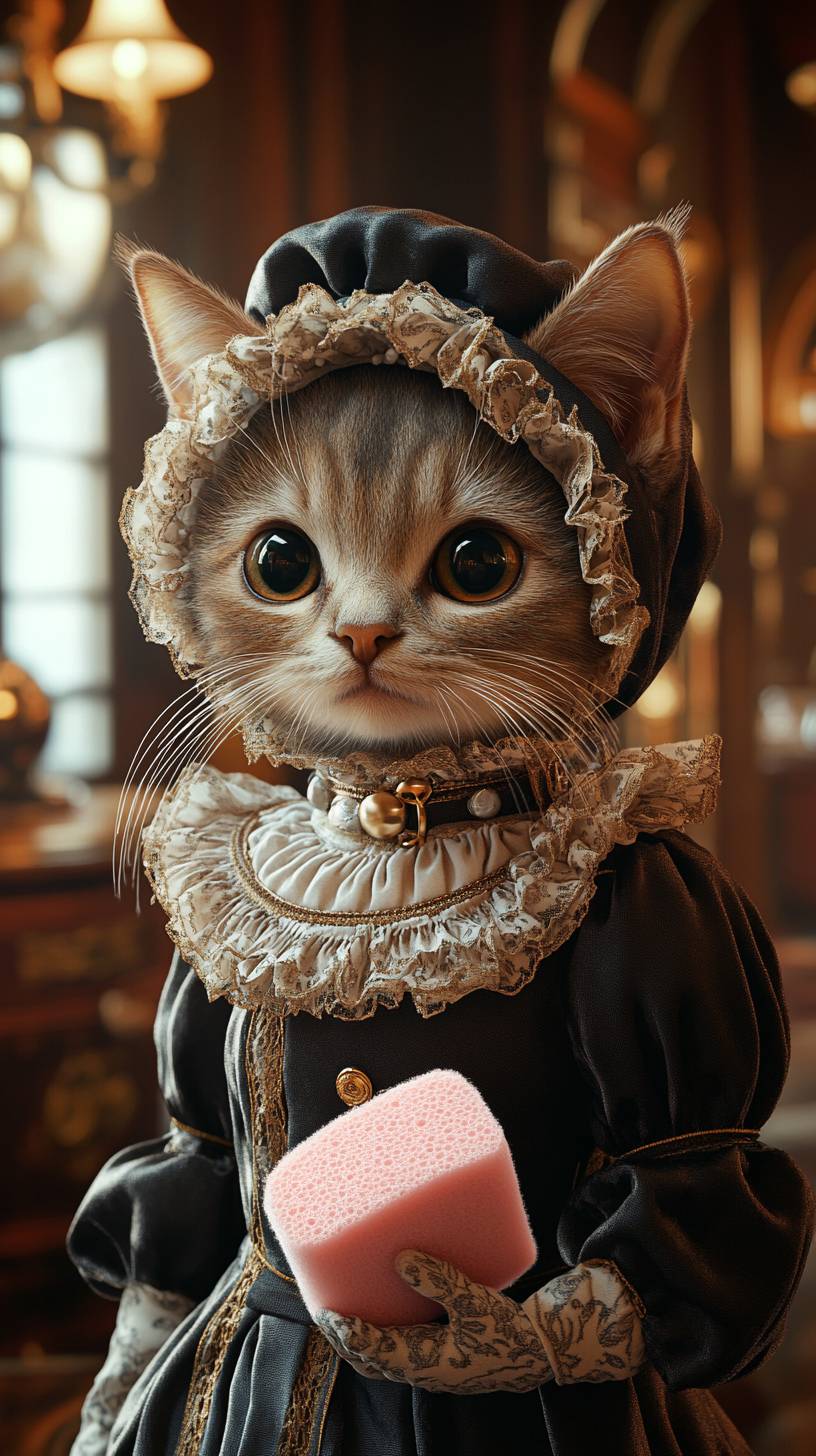 Un gato vestido de criada sosteniendo una esponja rosa en una habitación de un hotel de lujo moderno