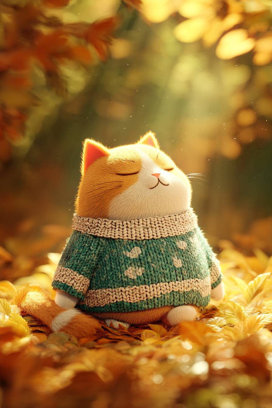 Eine dicke rotfarbene Katze in einem gestrickten Pullover schläft auf einem Haufen Herbstblätter, während sanftes Sonnenlicht durch die Bäume filtert und eine warme, schläfrige Atmosphäre schafft.