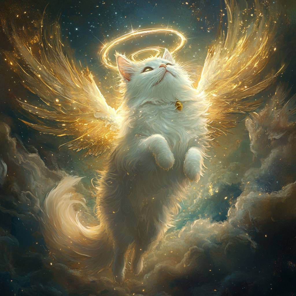 Un gato blanco resplandeciente con alas de ángel flota en un cielo celestial, con un halo dorado, arte de fantasía.