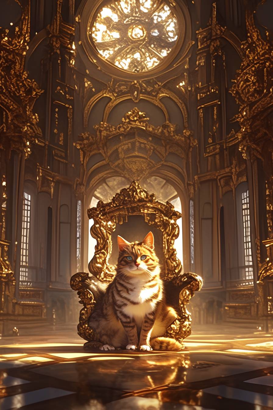Eine königliche Katze mit einer goldenen Krone sitzt auf einem samtartigen Thron in einem großen Palast.
