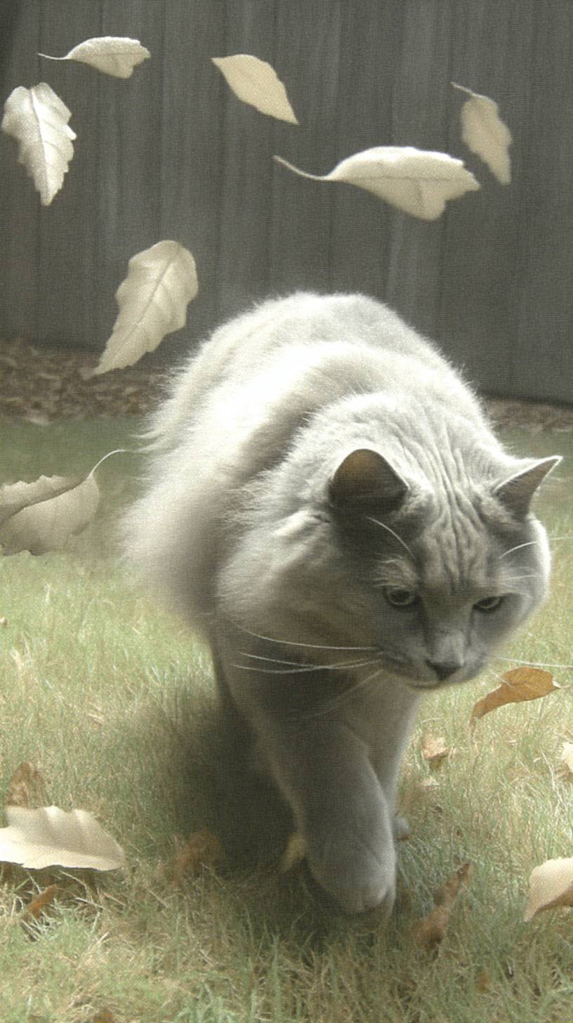 Un gato siberiano esponjoso persigue hojas.