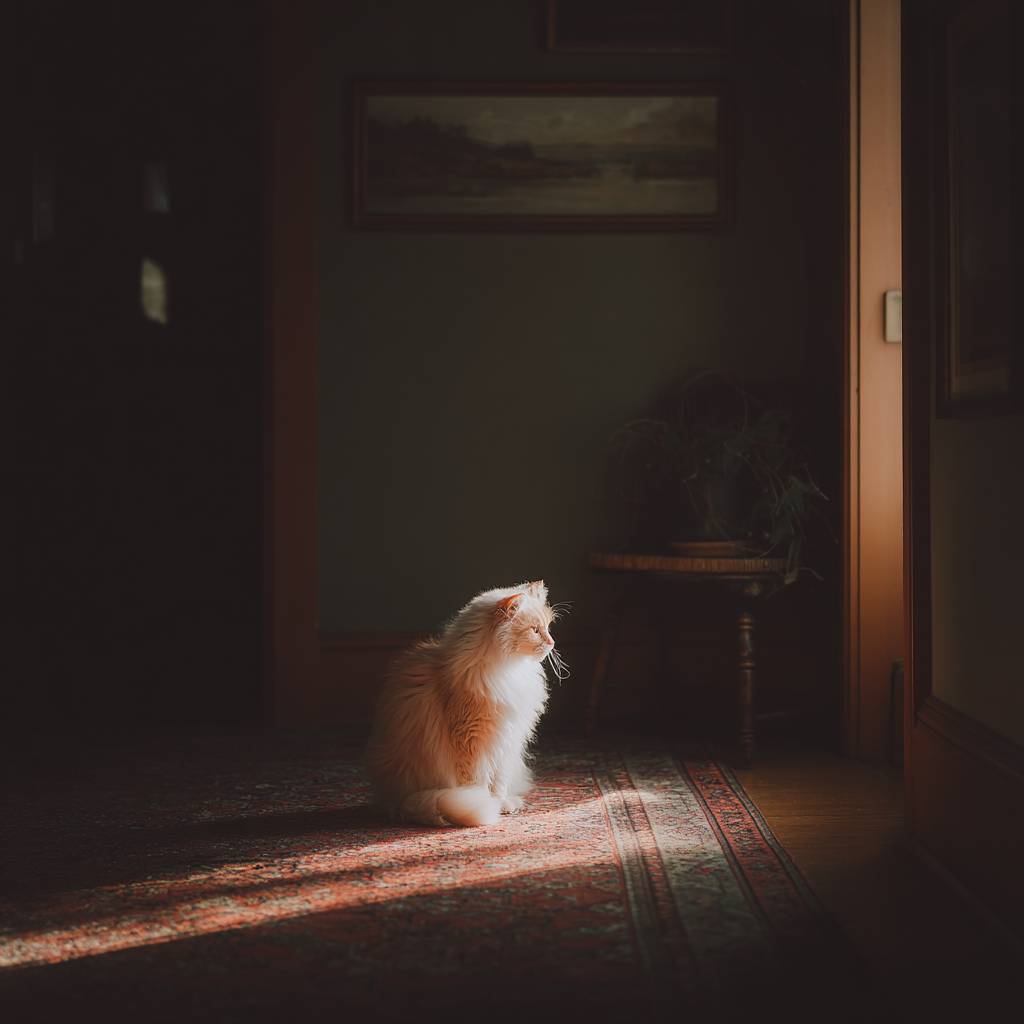 在昏暗的房间里，一只猫的半边脸被照亮，形成戏剧性的光影效果。