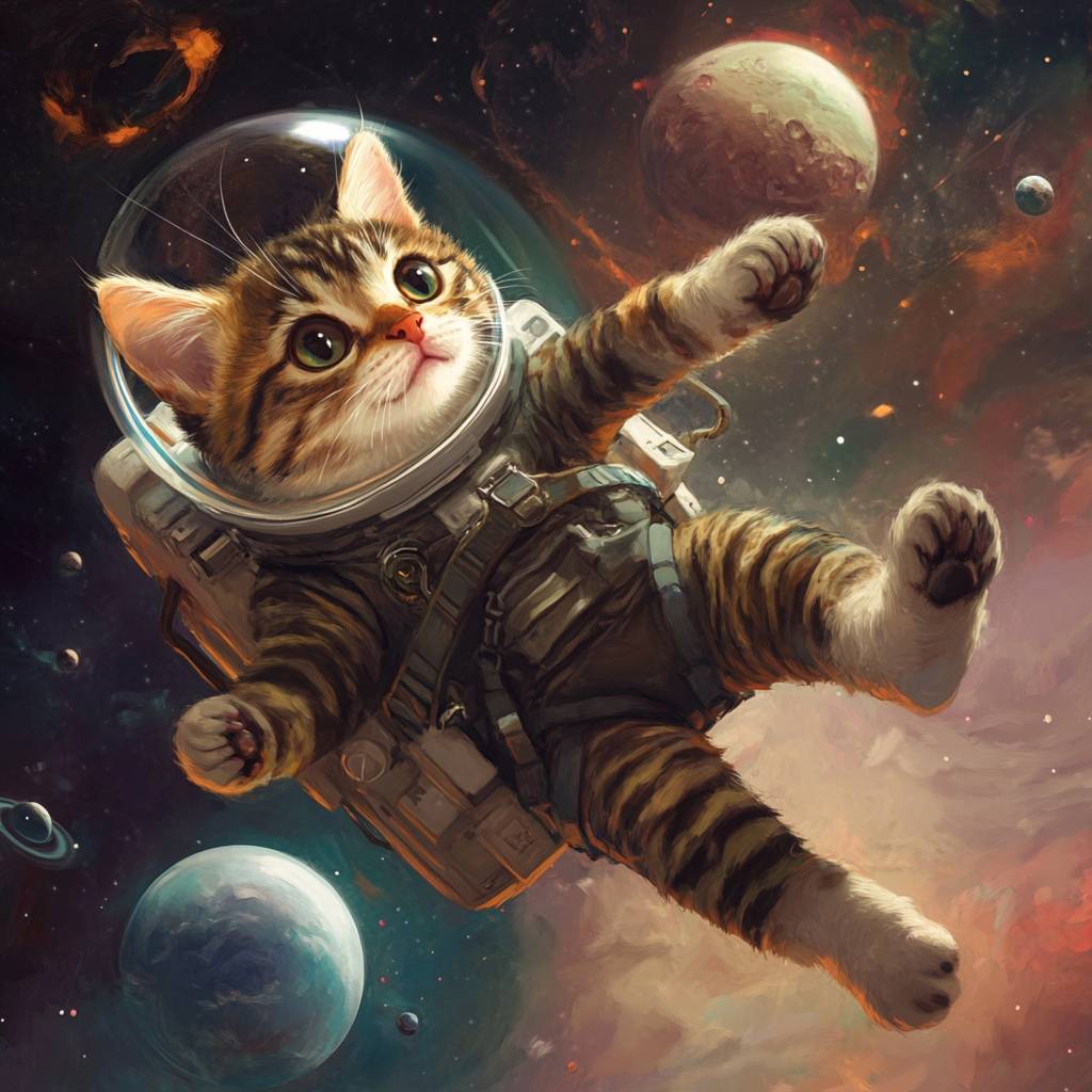 Eine getigerte Katze in einem kleinen Astronautenanzug, die im Weltraum mit Planeten im Hintergrund schwebt, süß und abenteuerlich.