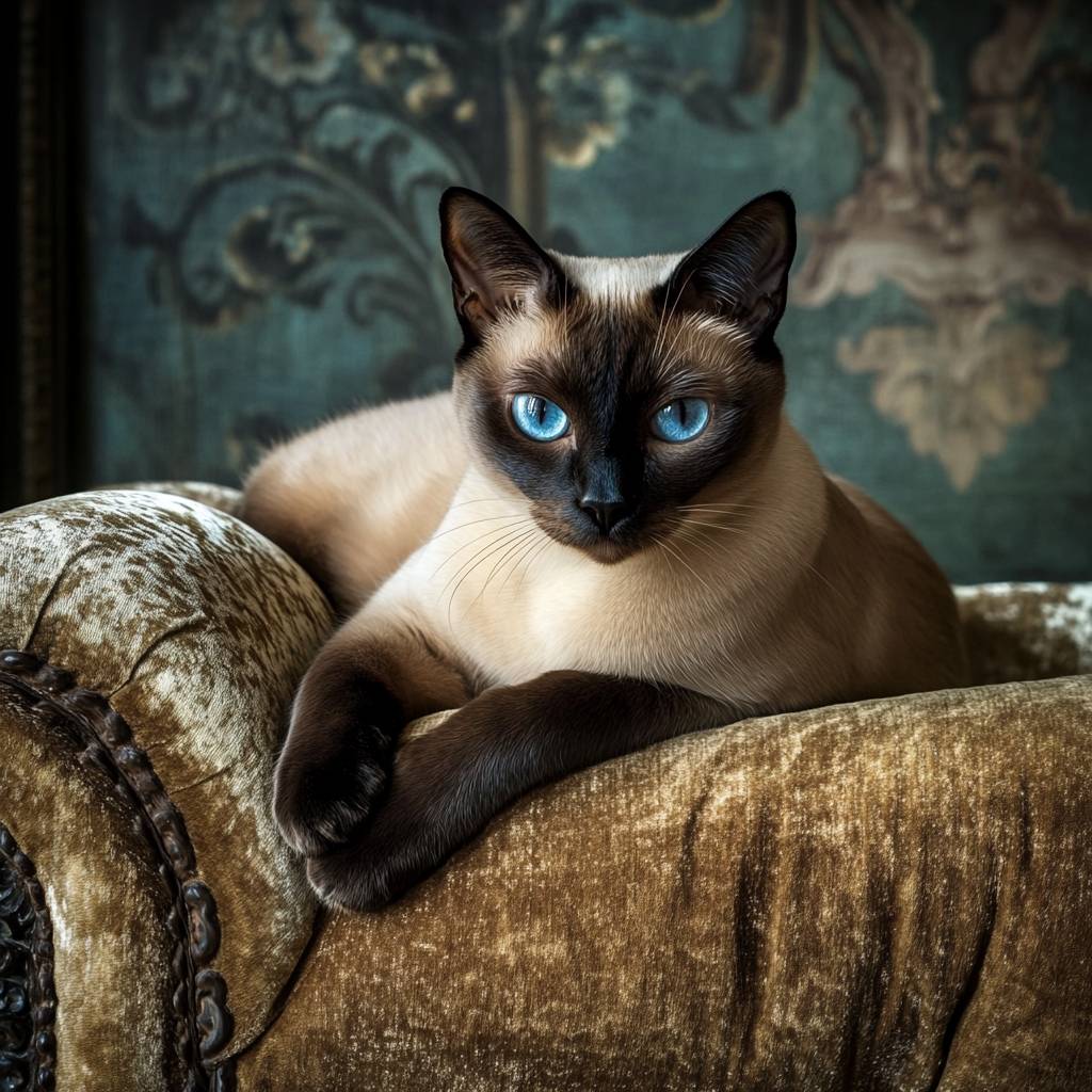Eine elegante Siamkatze mit auffälligen blauen Augen, die auf einem luxuriösen Samtkissen entspannen.