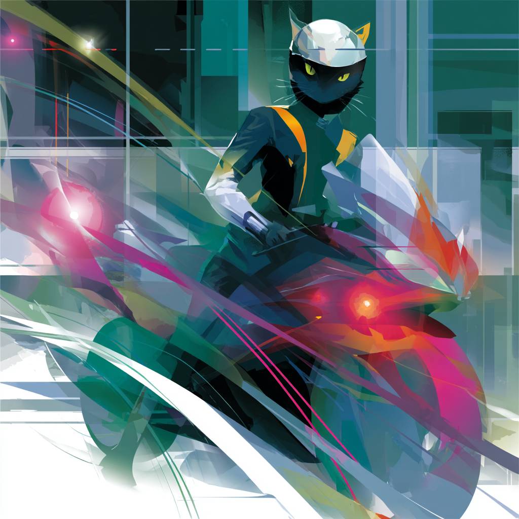 Vector illustration of a cat with a motorcycle helmet in graffiti style on a white background.