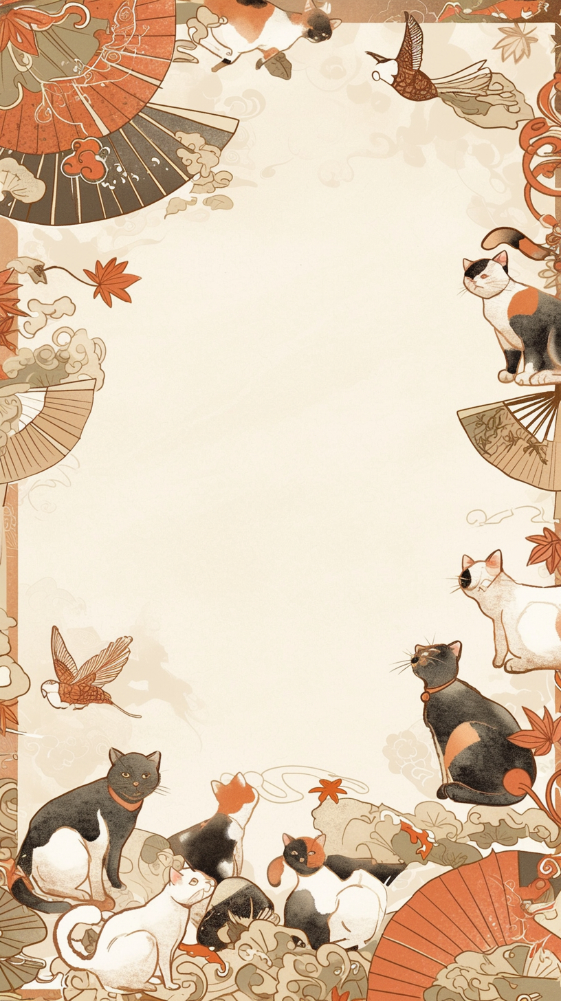 Ilustración de un gato en acuarela con patrones japoneses, con margen para escribir cartas como postales.