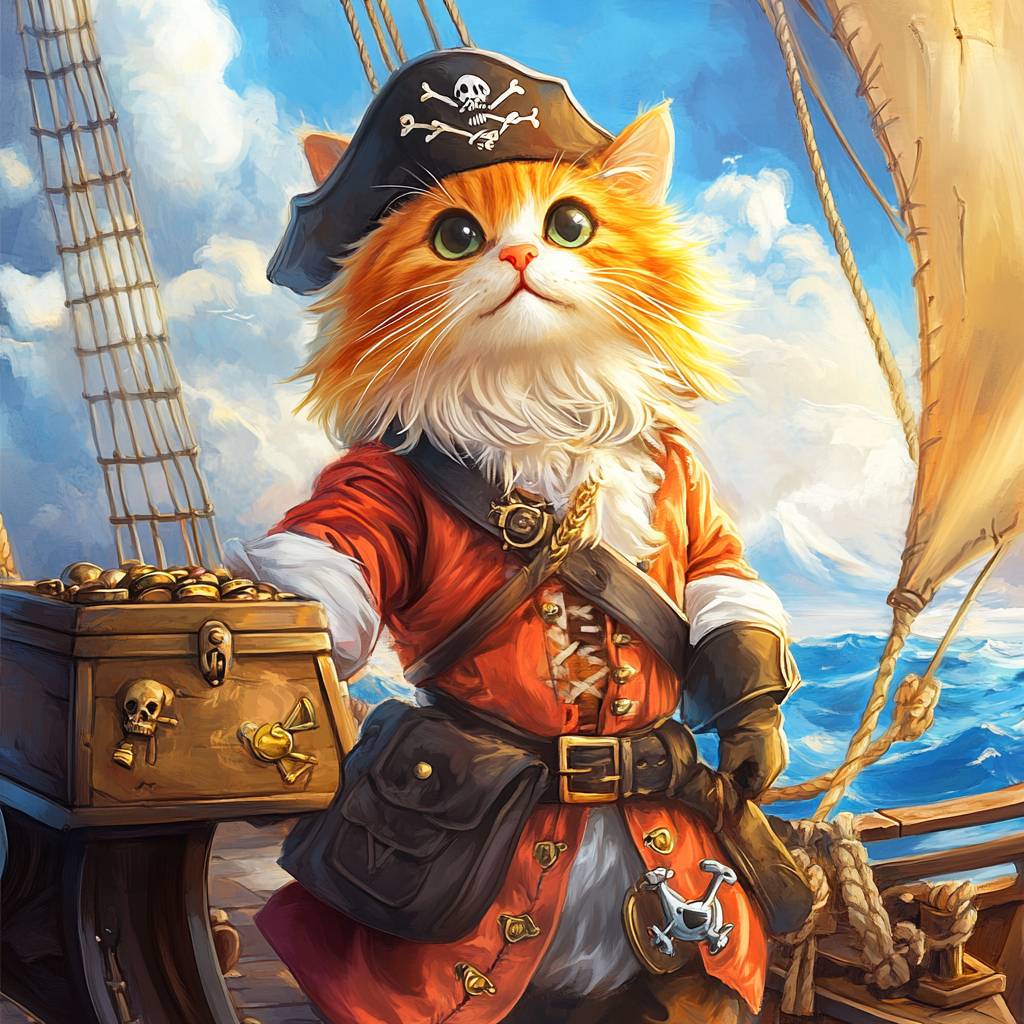 Un gato naranja y peludo disfrazado de pirata está en la cubierta de un barco junto a un cofre del tesoro.