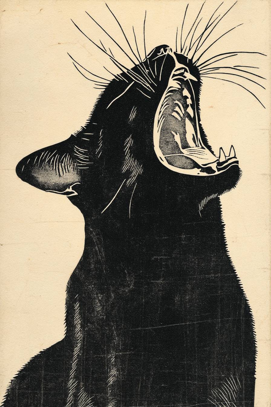Eine schwarze Katze mit offenem Mund und Krallen, einfache Holzschnittdruck im Stil von Mark Grotjahn.