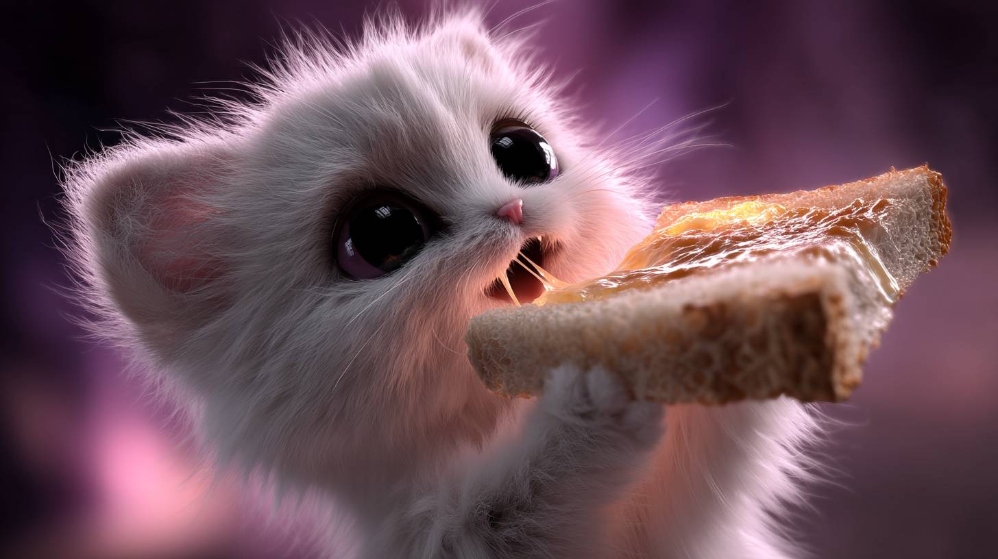 Un lindo gato blanco semi-realista tocando un queso a la parrilla con su pata, fondo púrpura degradado y cálida iluminación.