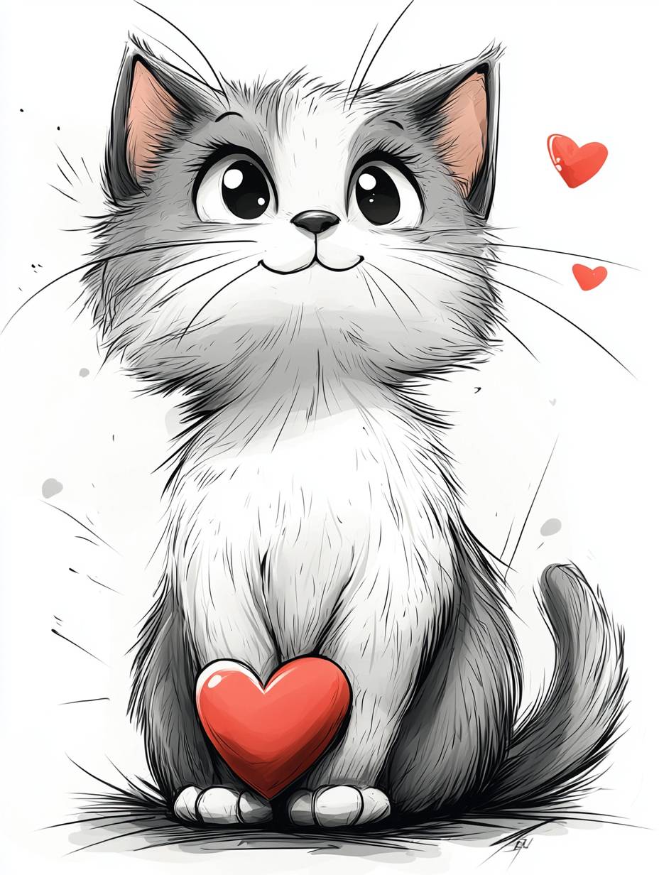 Página para colorear de un gato adorable con forma de corazón, estilo de arte de líneas simples.
