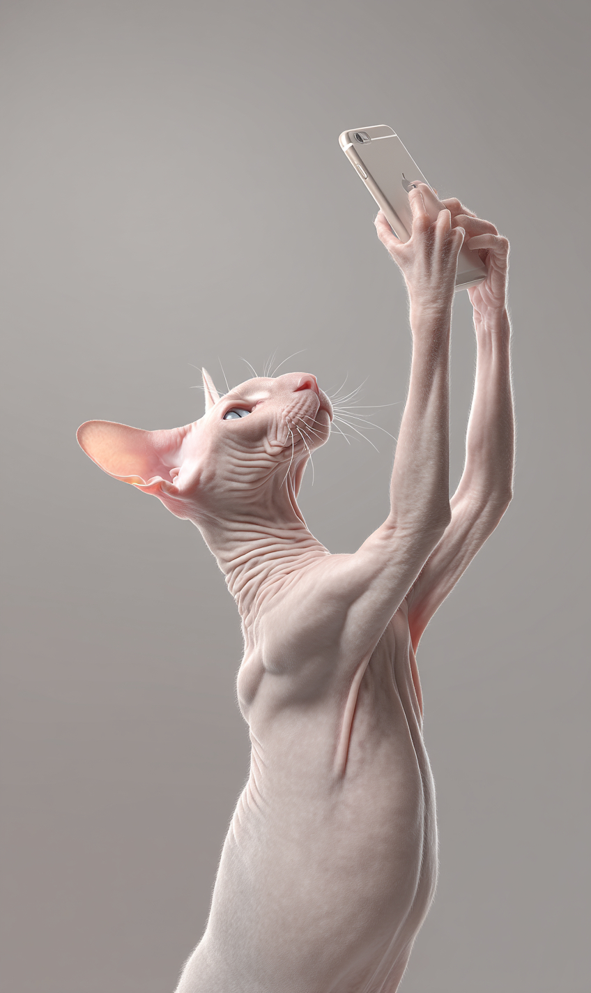 Eine verspielte Peterbald-Katze macht ein Selfie, zeigt eine elegante Pose vor einem minimalistischen Hintergrund.