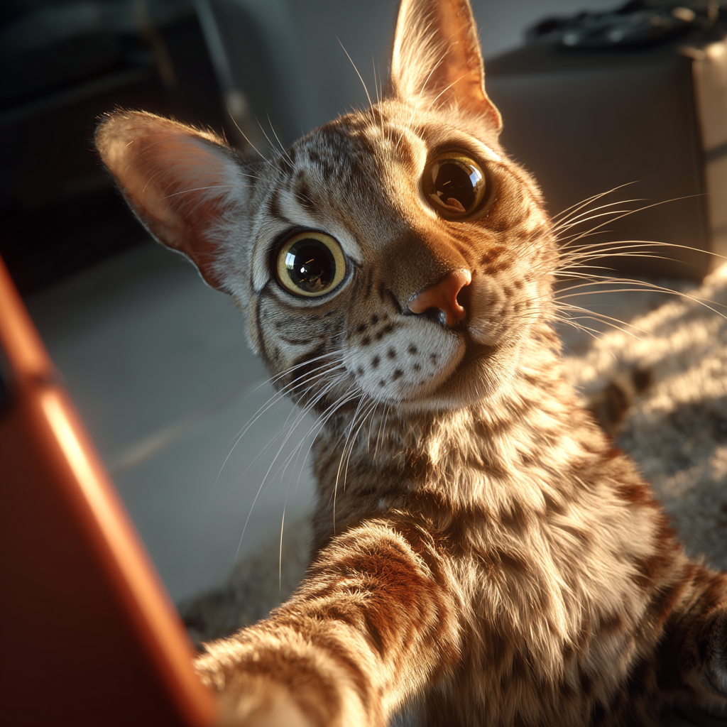 A curious Javanese cat is taking a selfie, showcasing its elegant body and vibrant fur in warm sunlight.