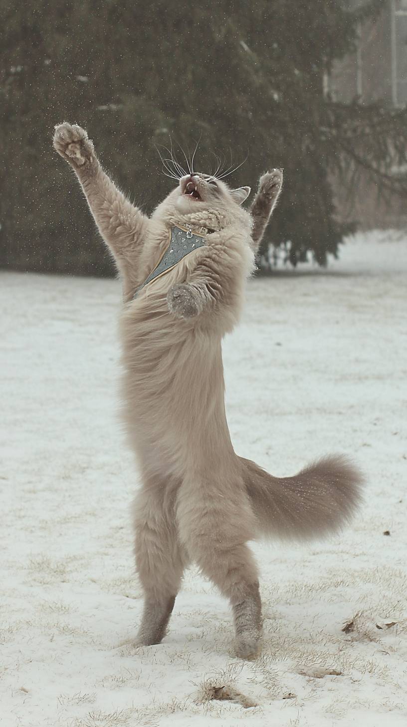 Un gato siberiano peludo jugando con nieve.