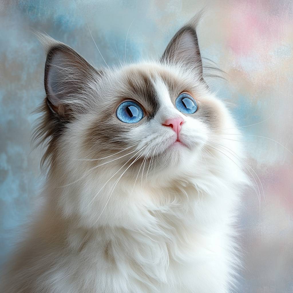 Selfie de un adorable gato Ragdoll con una expresión suave y un fondo pastel suave.