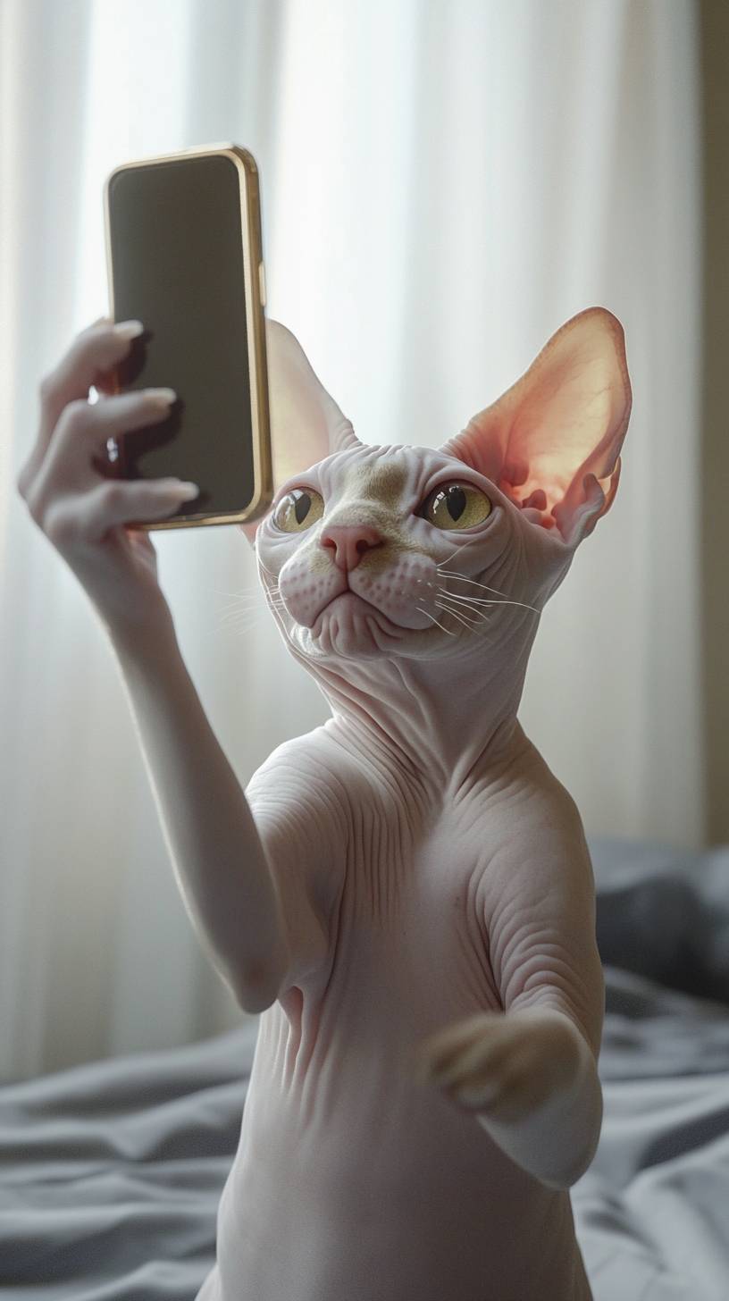 A mischievous Sphynx cat taking a selfie with dramatic lighting and a minimalist background.