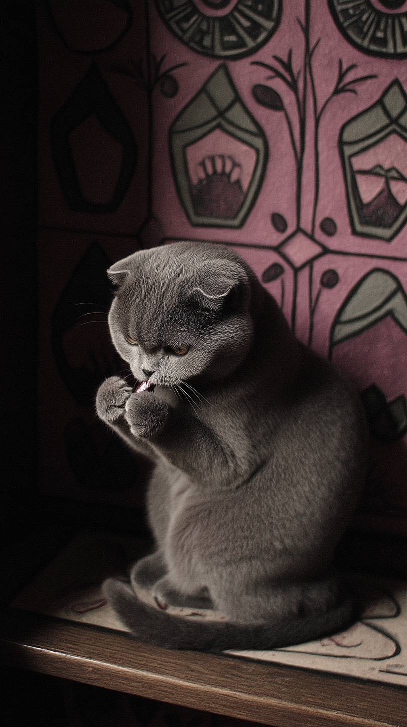 Un gordito gato Scottish Fold está comiendo un premio.