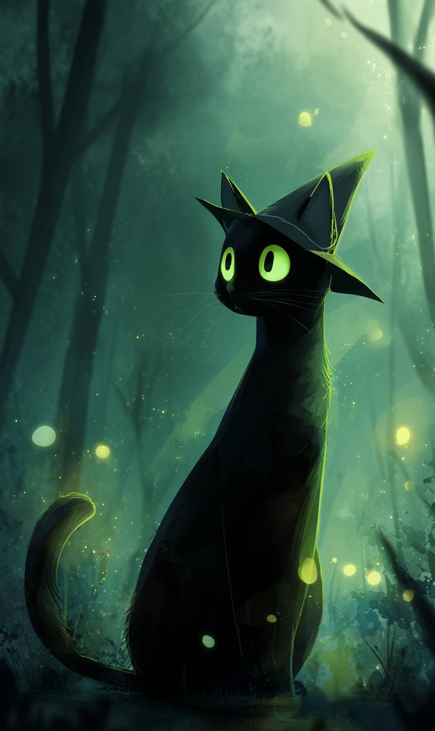 Eine elegante schwarze Katze mit leuchtend grünen Augen, die einen kleinen Hexenhut trägt, in einem magischen Wald unter dem Mondlicht, im Anime-Stil.