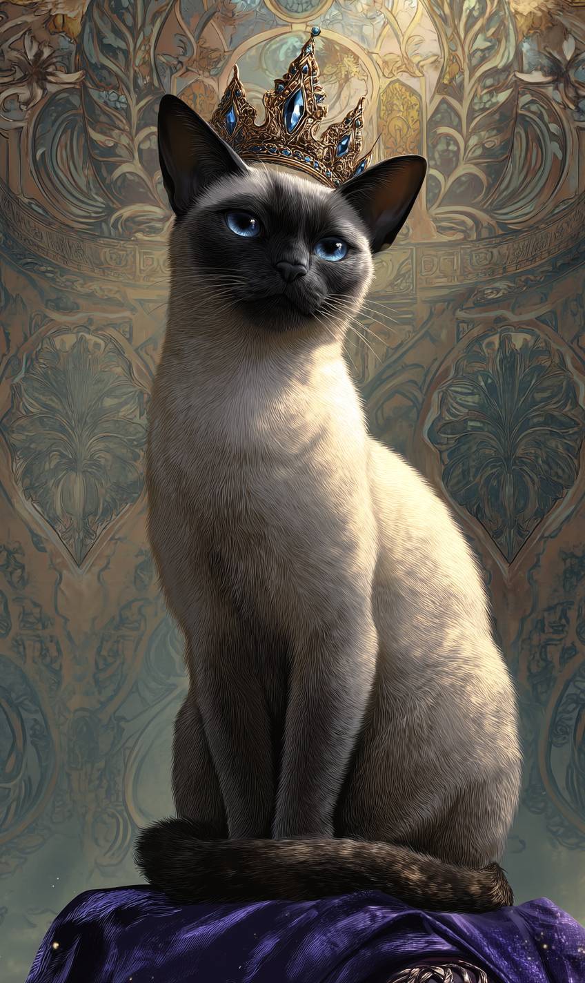 Eine graue Siamkatze im eleganten Anime-Stil, die auf einem Samtkissen sitzt, mit einer goldenen Krone und saphirblauen Augen, vor einem luxuriösen Palasthintergrund.
