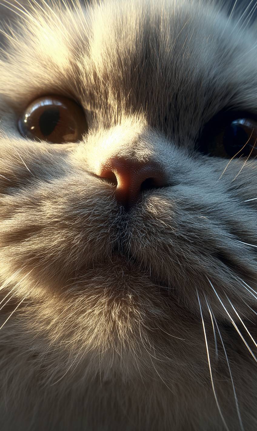 A fluffy British Shorthair cat selfie with a round face and soft fur in natural light.