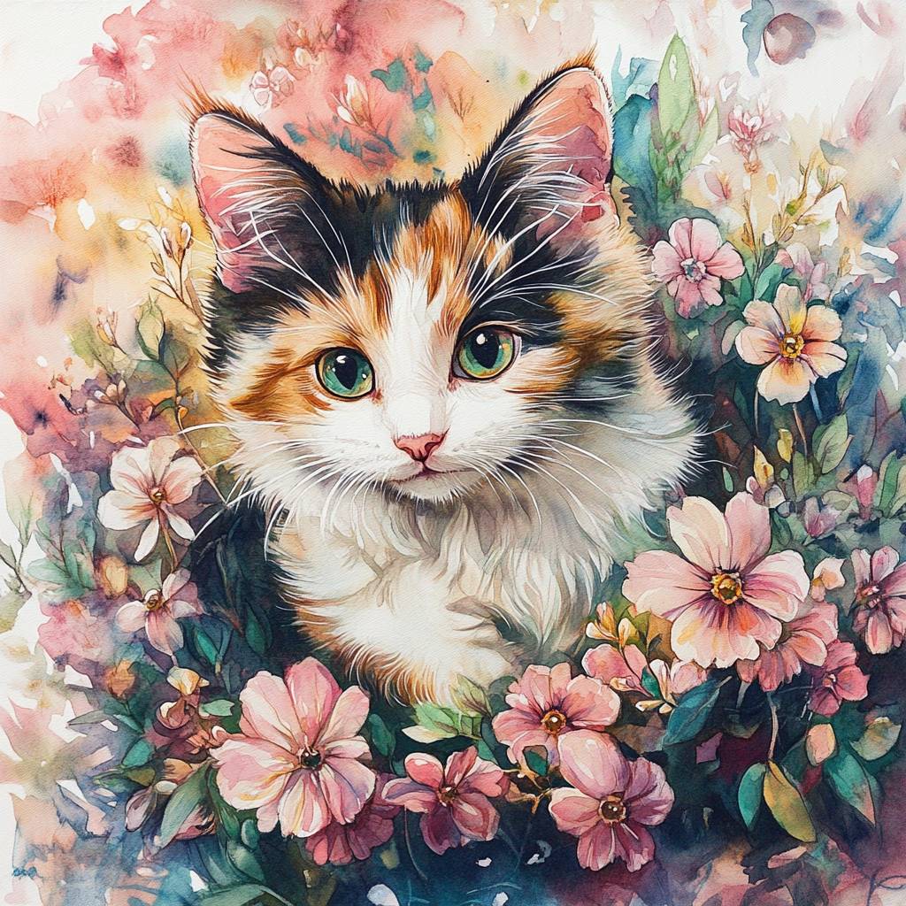 Ein Aquarellgemälde einer dreifarbigen Katze, umgeben von blühenden Blumen, mit sanften Pinselstrichen und lebendigen Farben.