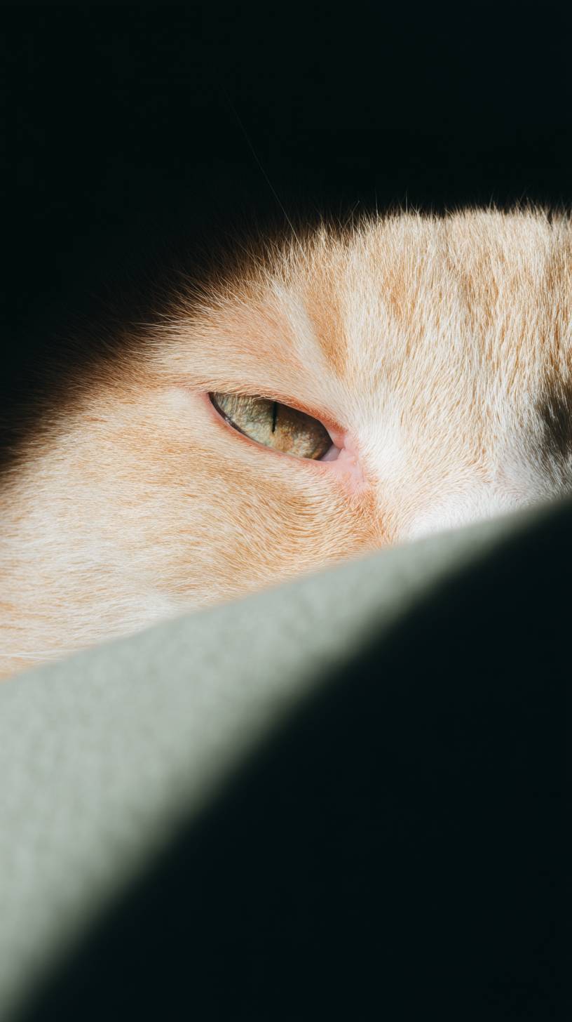Eine Katze hat in einem schwach beleuchteten Raum zur Hälfte beleuchtetes Gesicht, die andere Hälfte geht in den Schatten über.