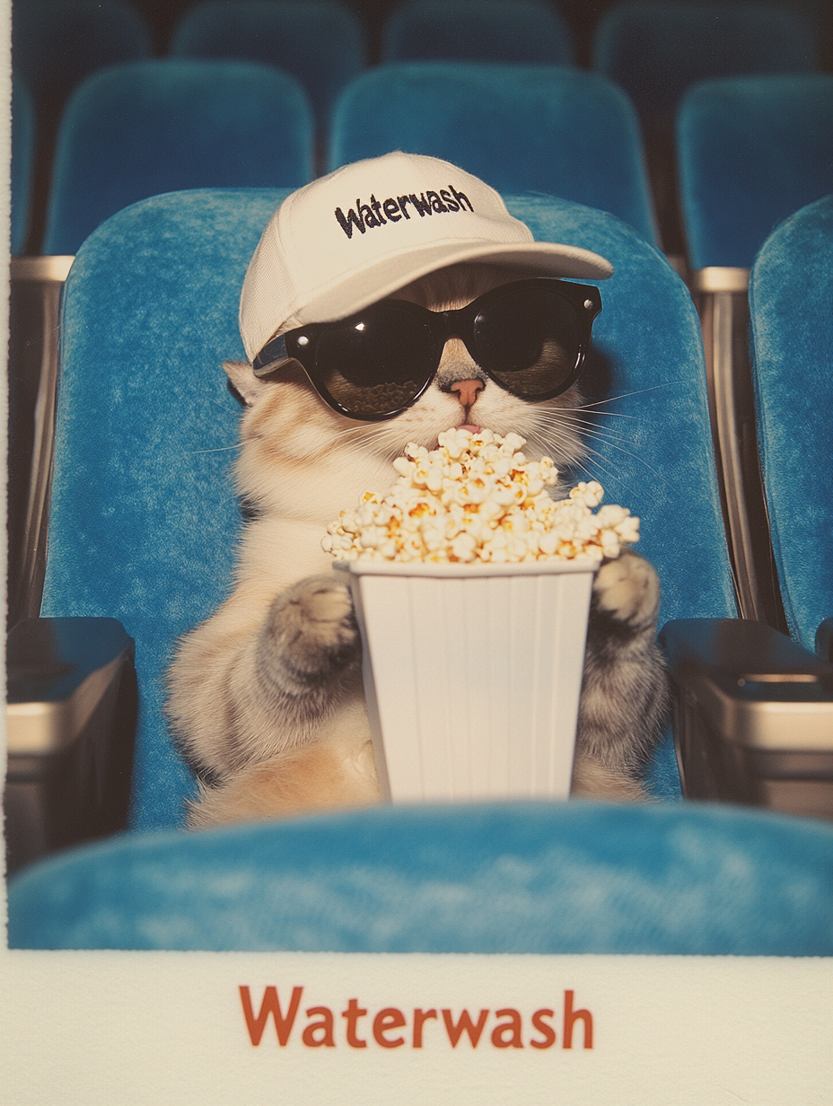 黒いサングラスと白い野球帽をかぶったスコティッシュフォールドの猫が、青いベルベットの座席の映画館前列でポップコーンを食べています。