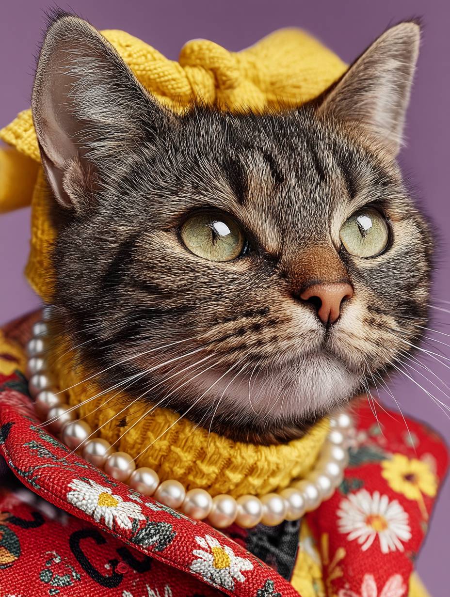 Un elegante gato atigrado marrón y gris lleva un abrigo rojo de Gucci y un lazo amarillo en la cabeza.