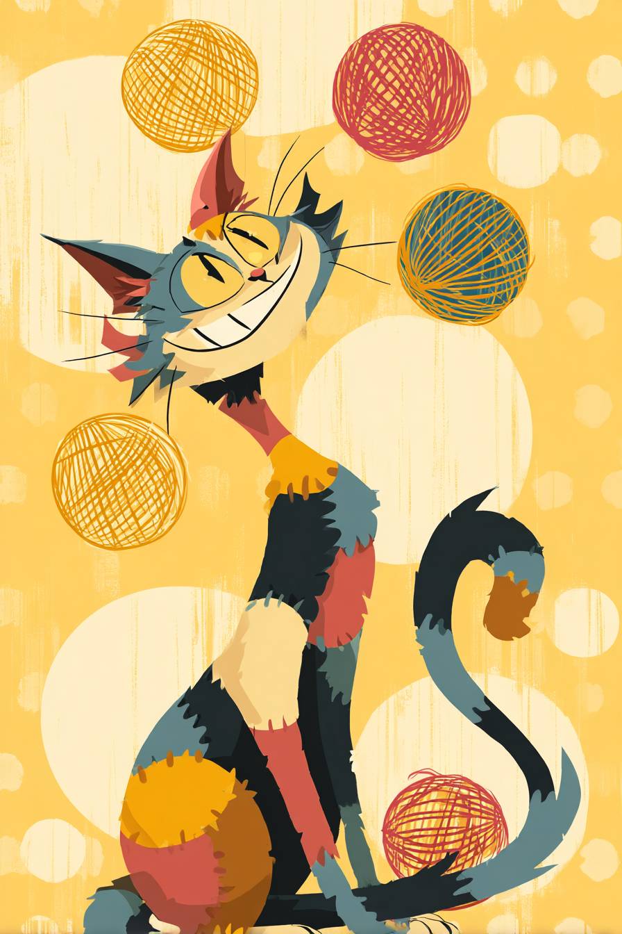 A calico cat in a quirky cartoon style juggling colorful yarn balls against a polka-dot yellow backdrop.