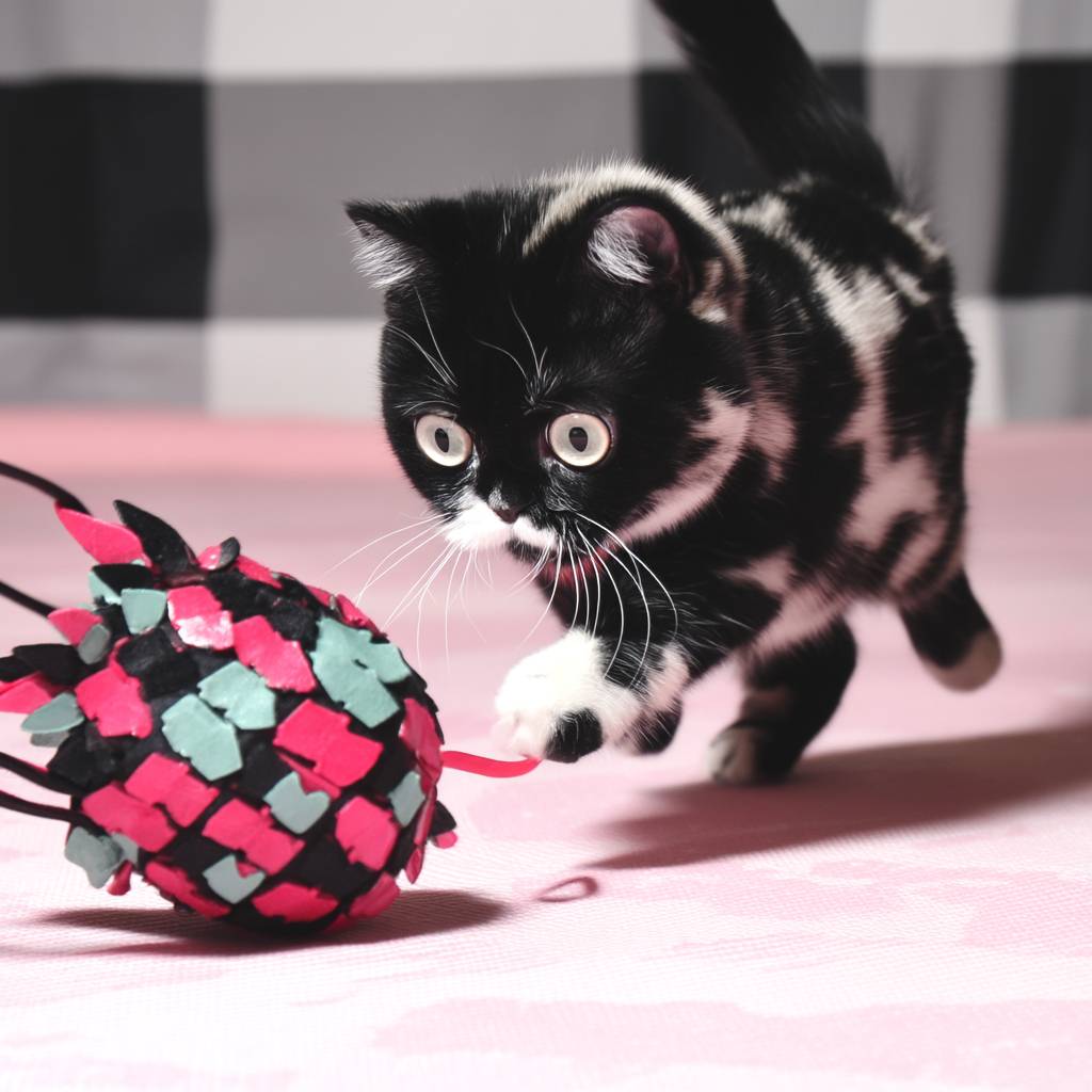 Un pequeño gato Munchkin persiguiendo un juguete.