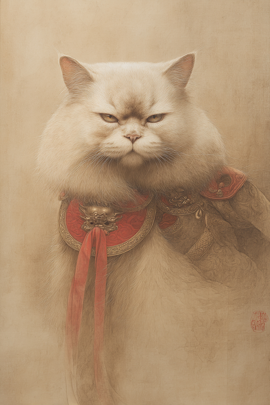 Un cartel de estilo tradicional chino de un gato emperador que presenta al Dios de la Riqueza, con colores suaves y alto detalle.