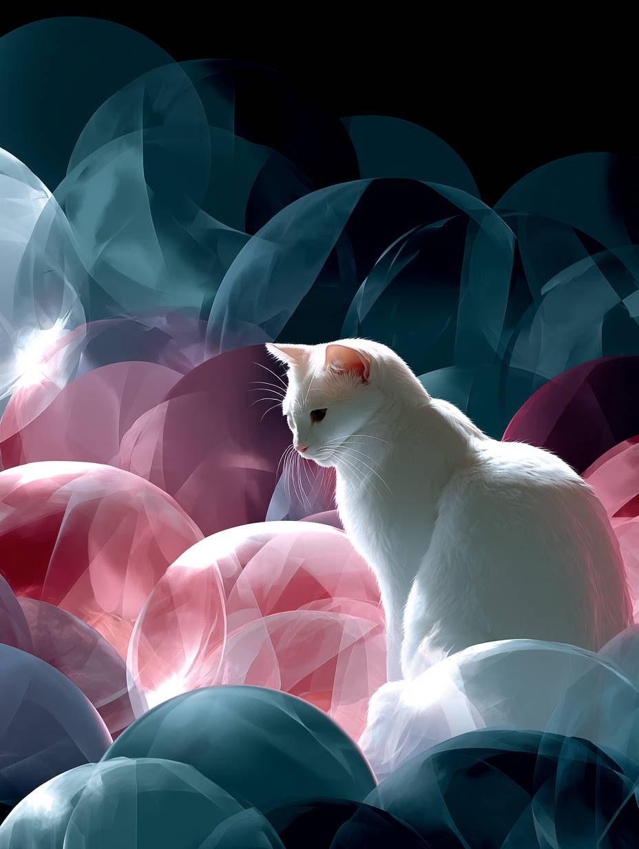 Un gato gordo con cabeza redonda escondido entre muchas pelotas de felpa con colores vibrantes.