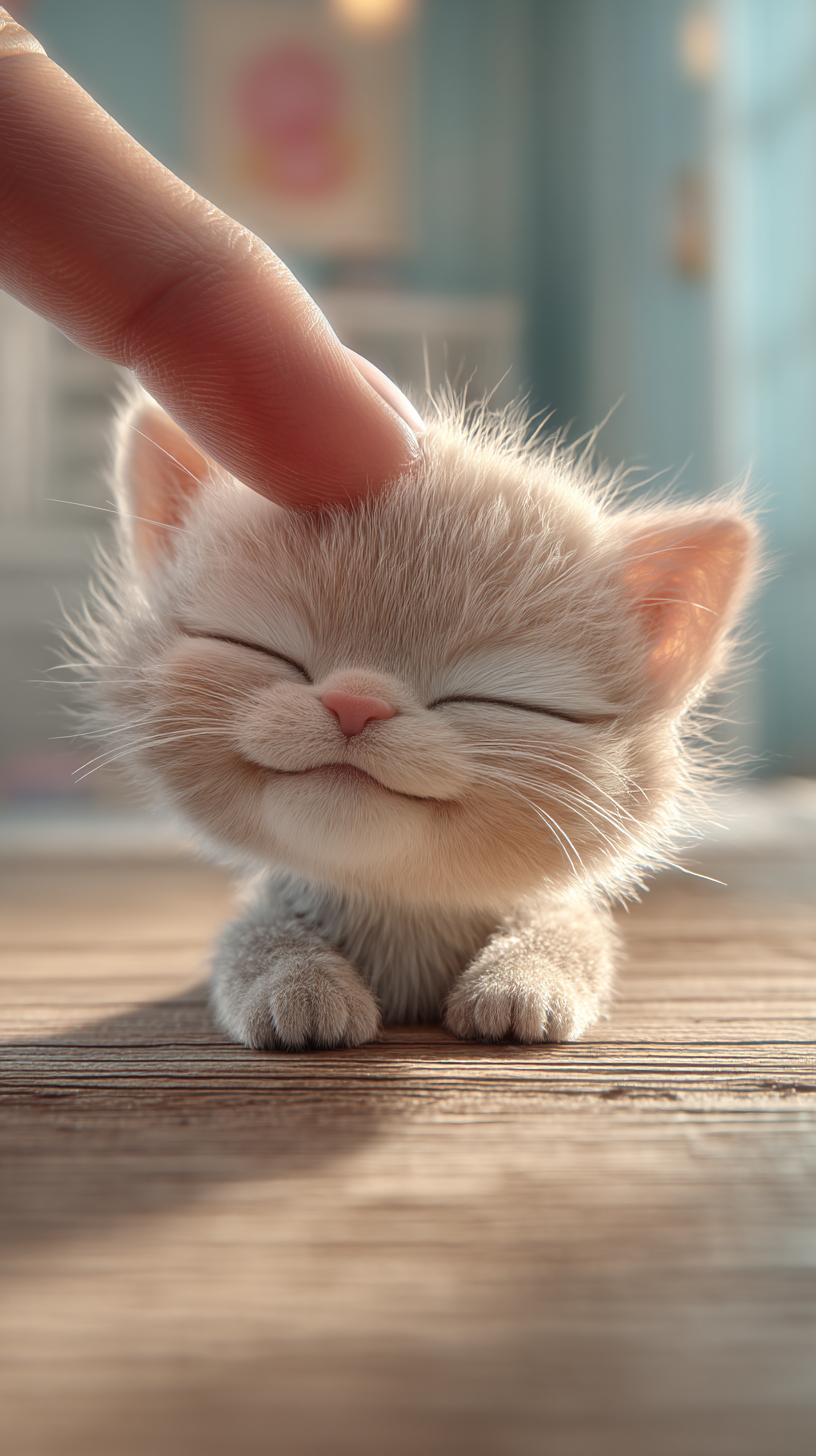 人差指で優しく撫でられた小さな子猫が、穏やかな笑顔でくつろいでいる。
