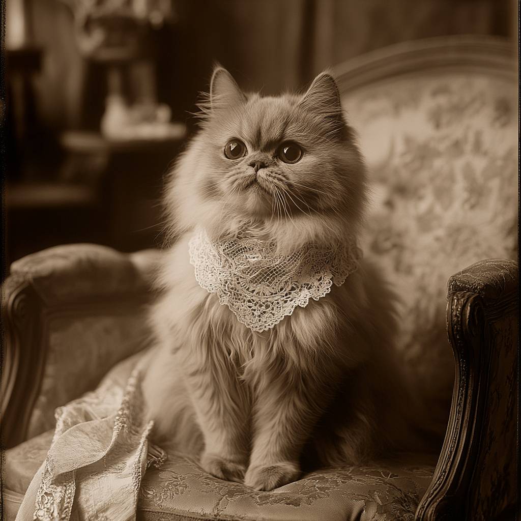 Una foto en tono sepia de un gato persa en un entorno victoriano, con un pequeño collar de encaje y muebles antiguos de fondo.