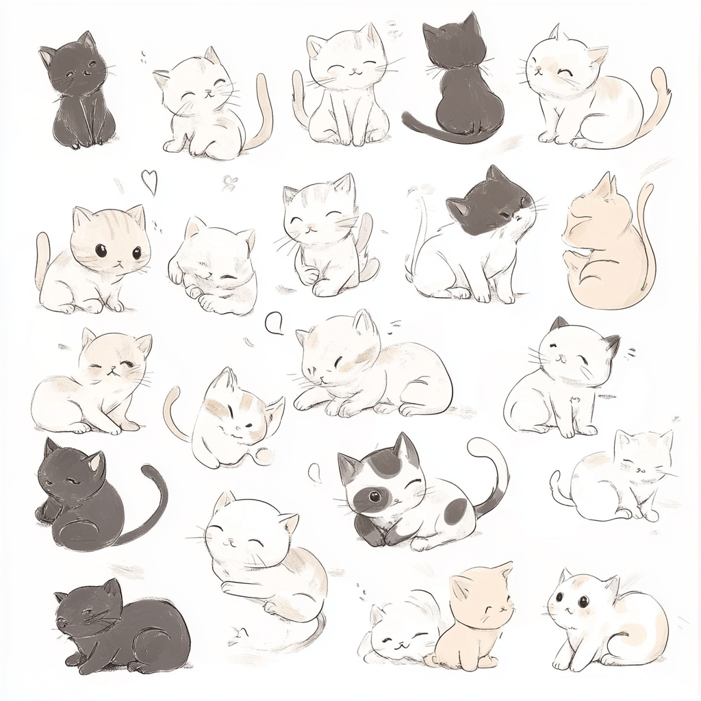 Varios gatitos adorables en diferentes poses sobre un fondo blanco minimalista.