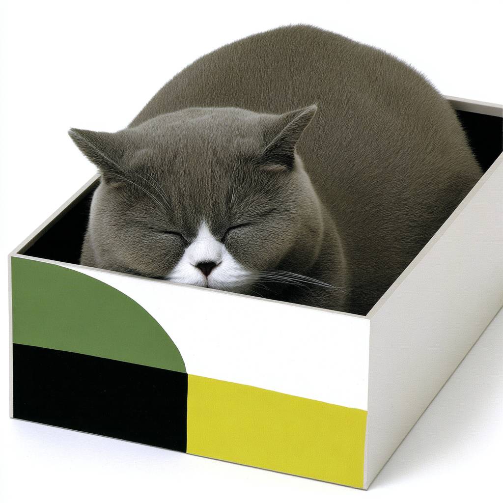 A cuddly British Shorthair cat is sleeping in a box.