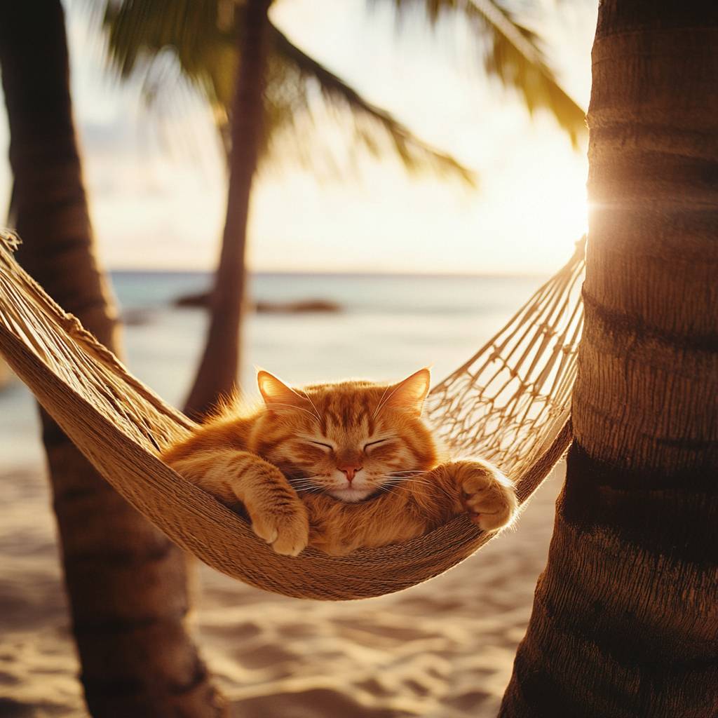 A ginger cat is napping in a hammock between two palm trees, enjoying a laid-back tropical beach vibe.