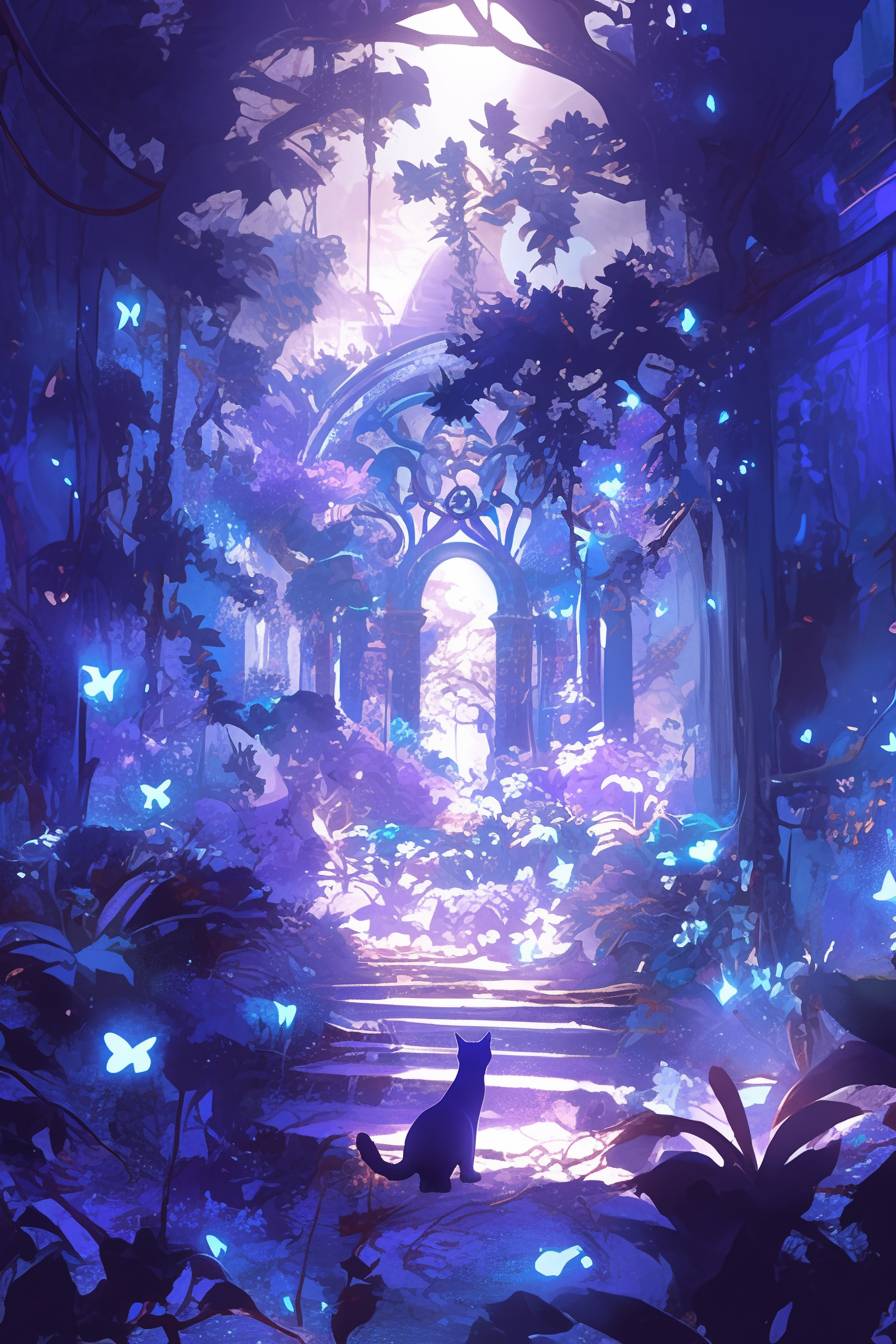 一只神秘的猫走在闪光的魔法森林中，周围是魔法植物和柔和的光线。