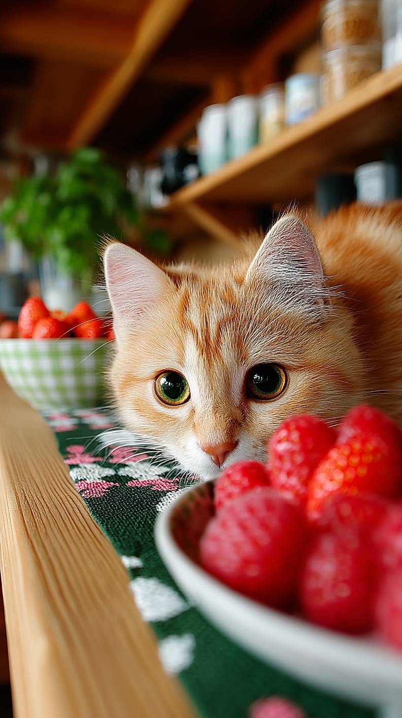 A baby kitten sitting in front of a strawberry plate like a baby.