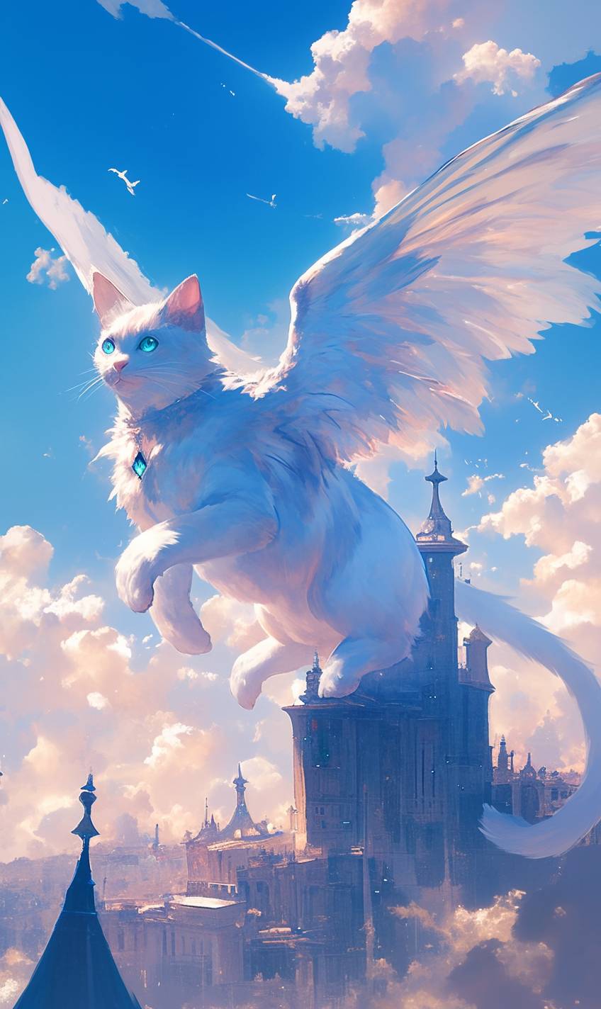 Un gato de fantasía con alas etéreas vuela a través de un cielo lleno de nubes y castillos lejanos, brillando suavemente.