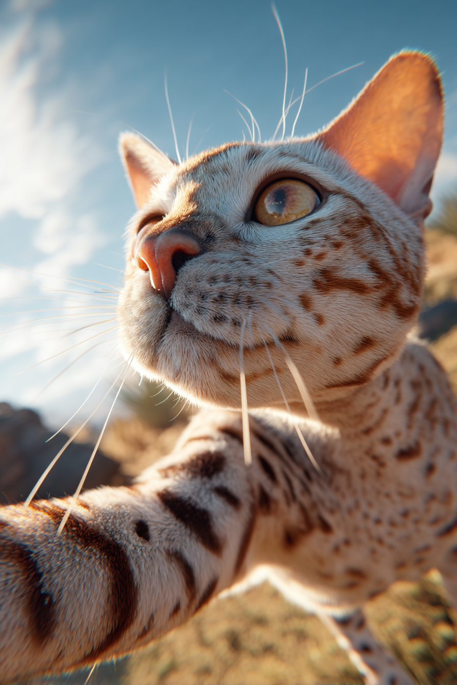 Un curioso gato Ocicat está tomando una selfie en un entorno soleado al aire libre.